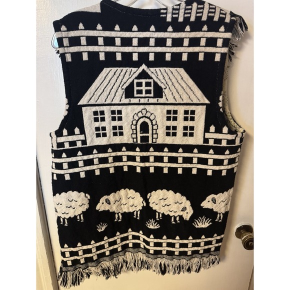 Y2K Folk Farmhouse Woven Checks Sheep Hearts Fringe Open Front Boho Cottagecore - Picture 10 of 15